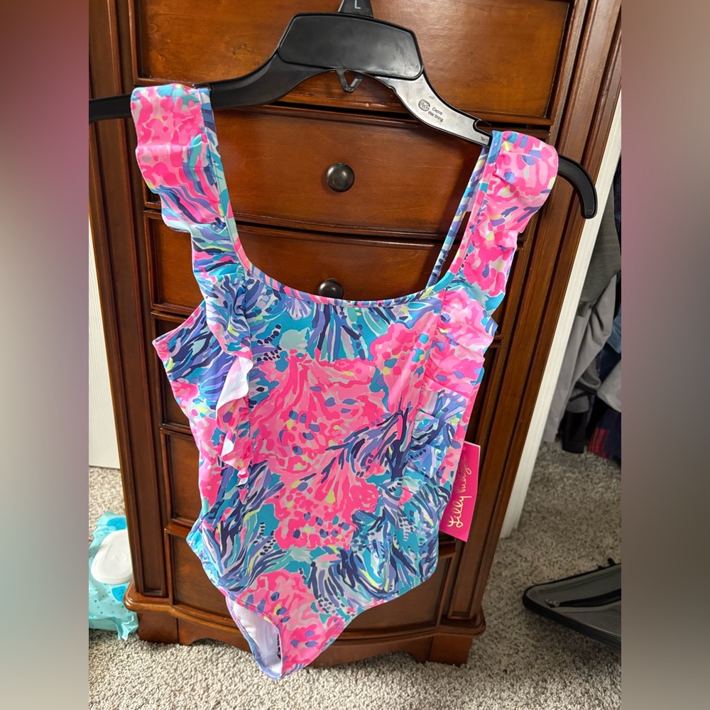 Lilly Pulitzer Pink & Aqua Ruffle One-Piece Swim